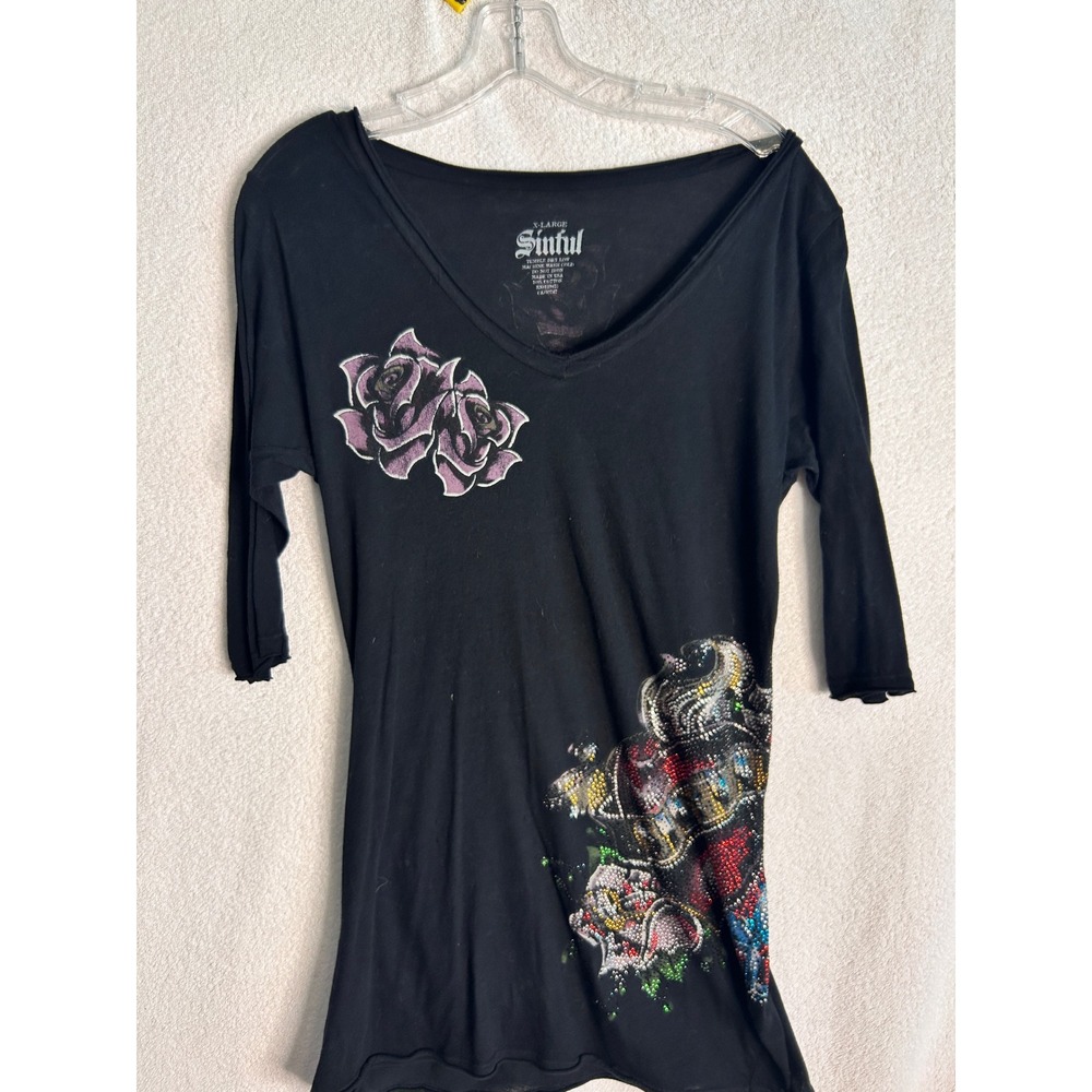 Sinful by Affliction Womens XL Black Rose Heart Rhinestone 3/4 Sleeve V-Neck Top